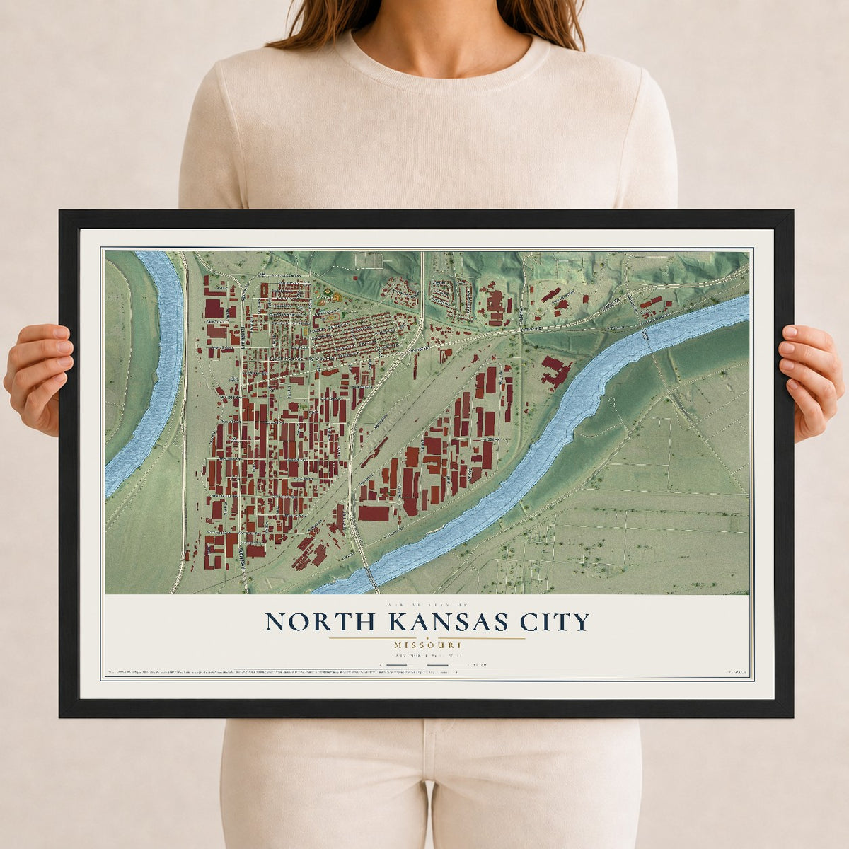 Map of North Kansas City, Missouri, 12 x 18 inch print in a black wood frame