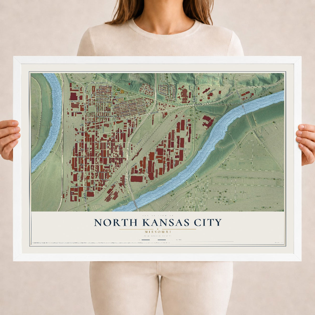 Map of North Kansas City, Missouri, 18 x 24 inch print in a white wood frame