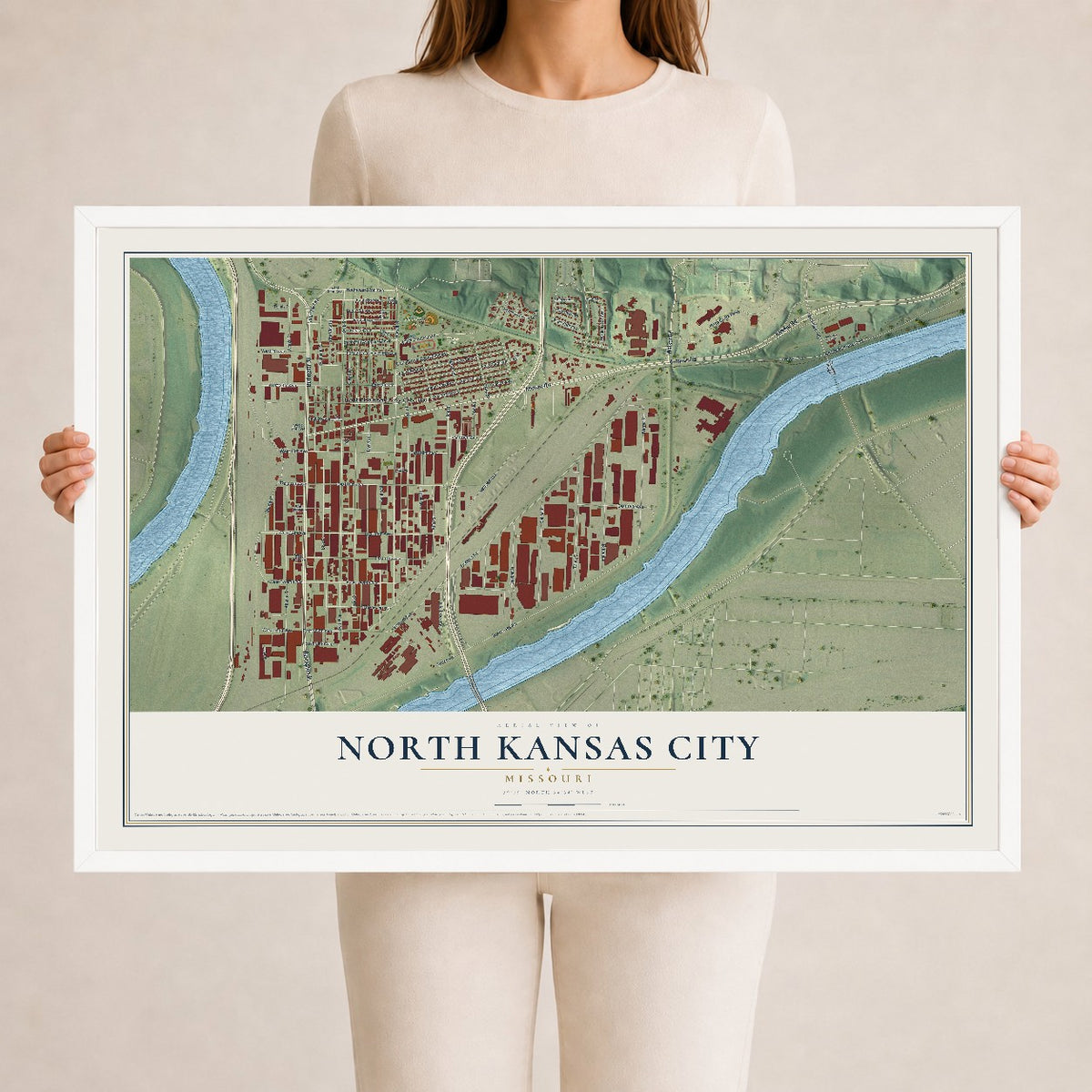 Map of North Kansas City, Missouri, 24 x 36 inch print in a white wood frame