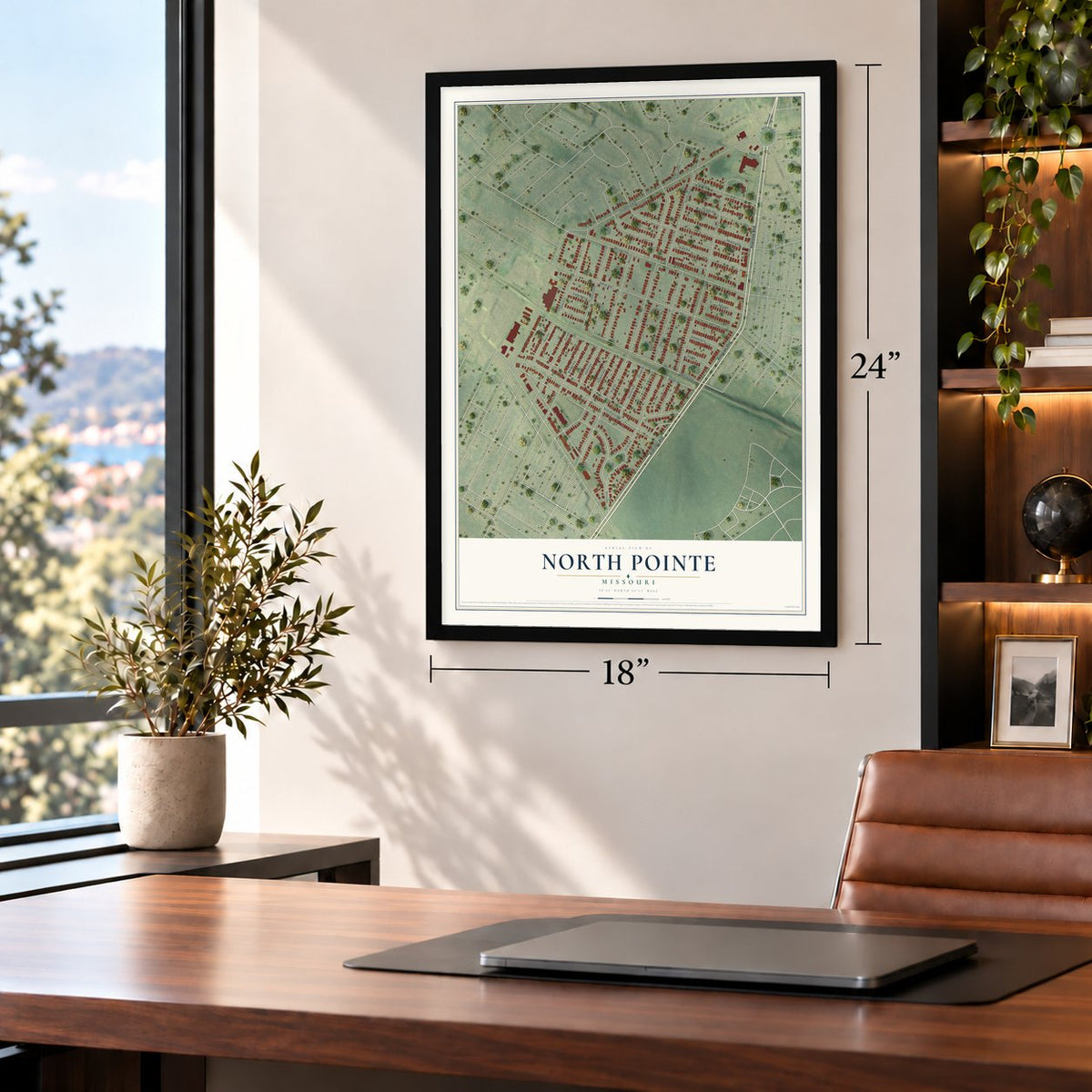 North Pointe, Missouri map, 18 x 24 inch print in a black frame in a home office