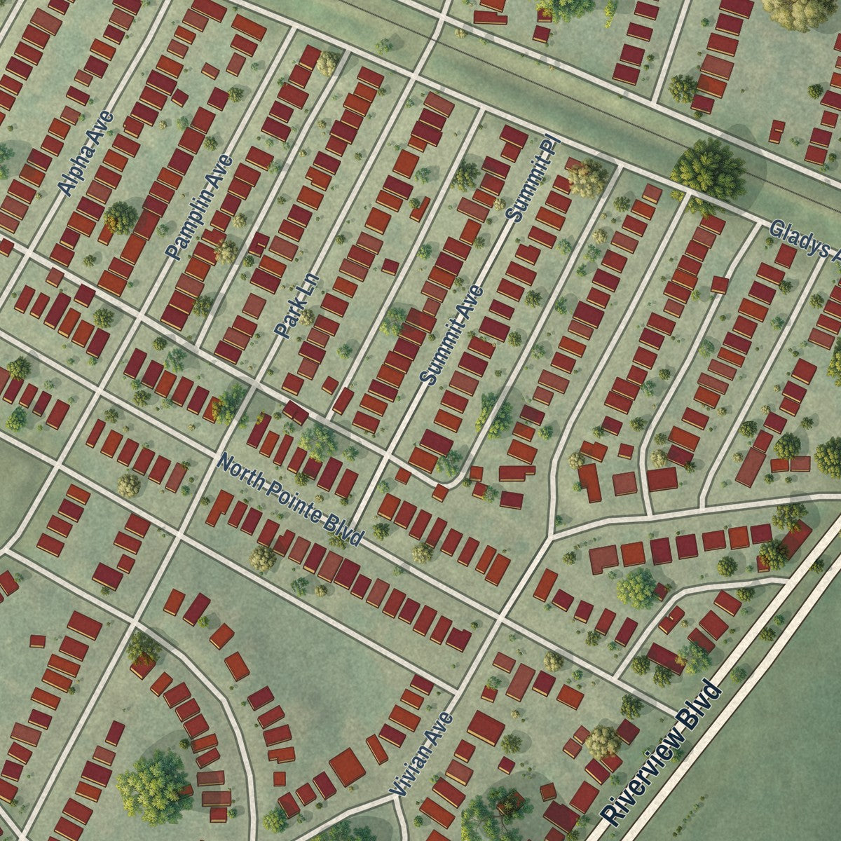Close-up of the map of North Pointe, Missouri print showing street and building detail