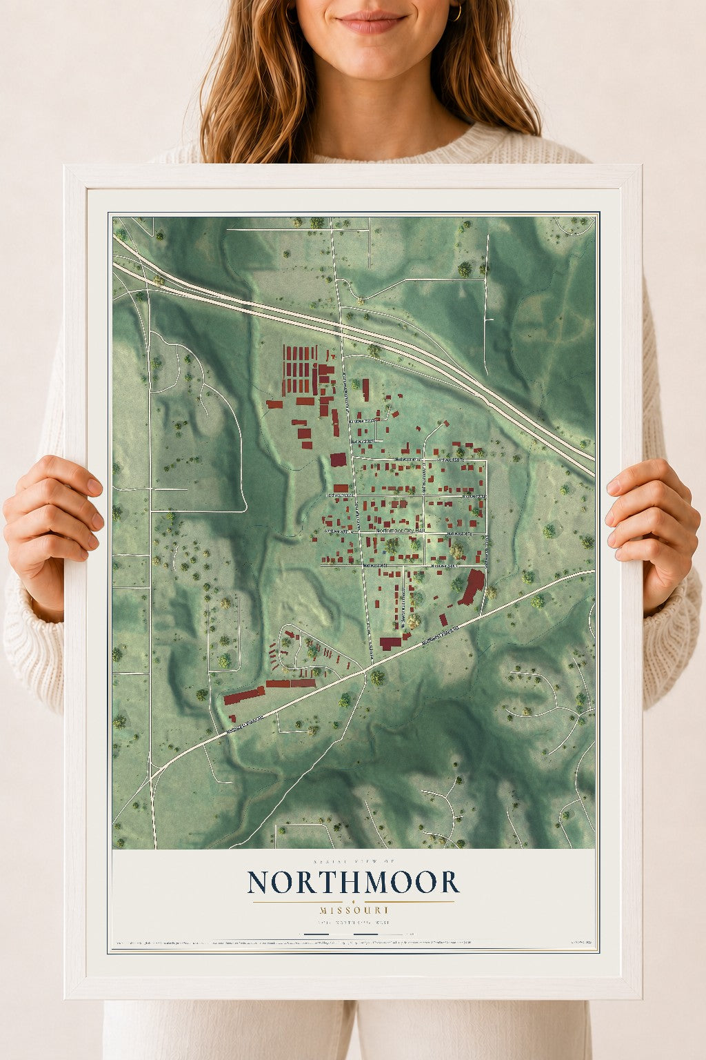 Map of Northmoor, Missouri, 18 x 24 inch print in a white wood frame