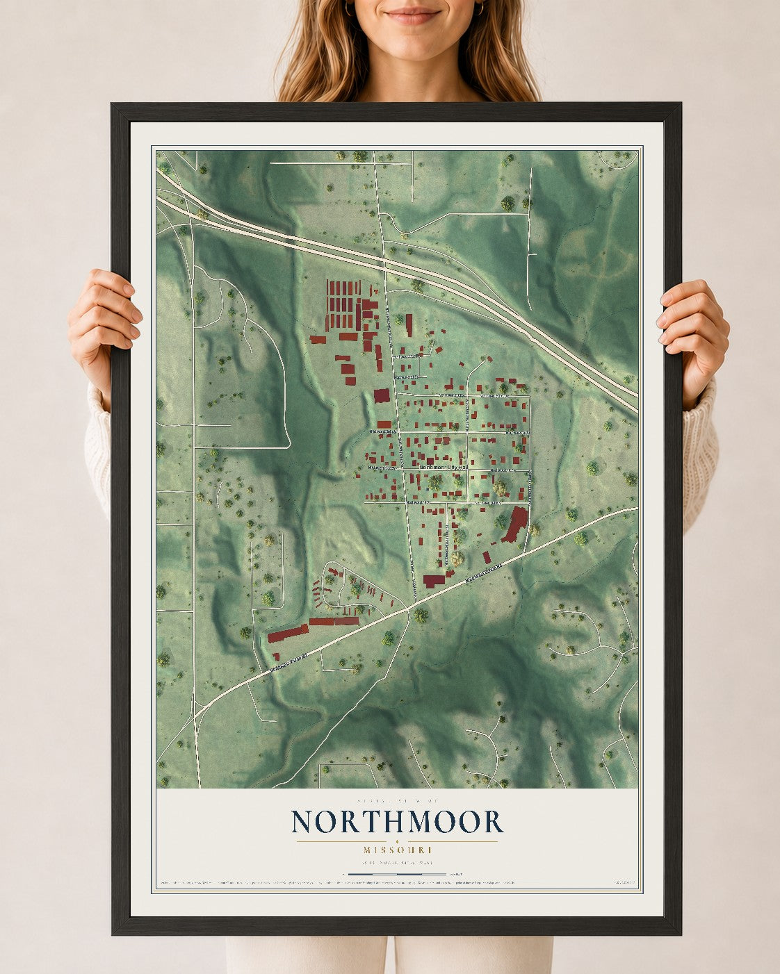 Map of Northmoor, Missouri, 24 x 36 inch print in a black wood frame
