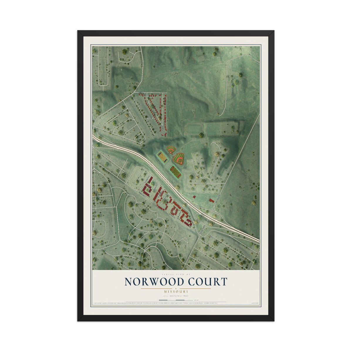 Map of Norwood Court, Missouri, 12 x 18 inch print in a black wood frame