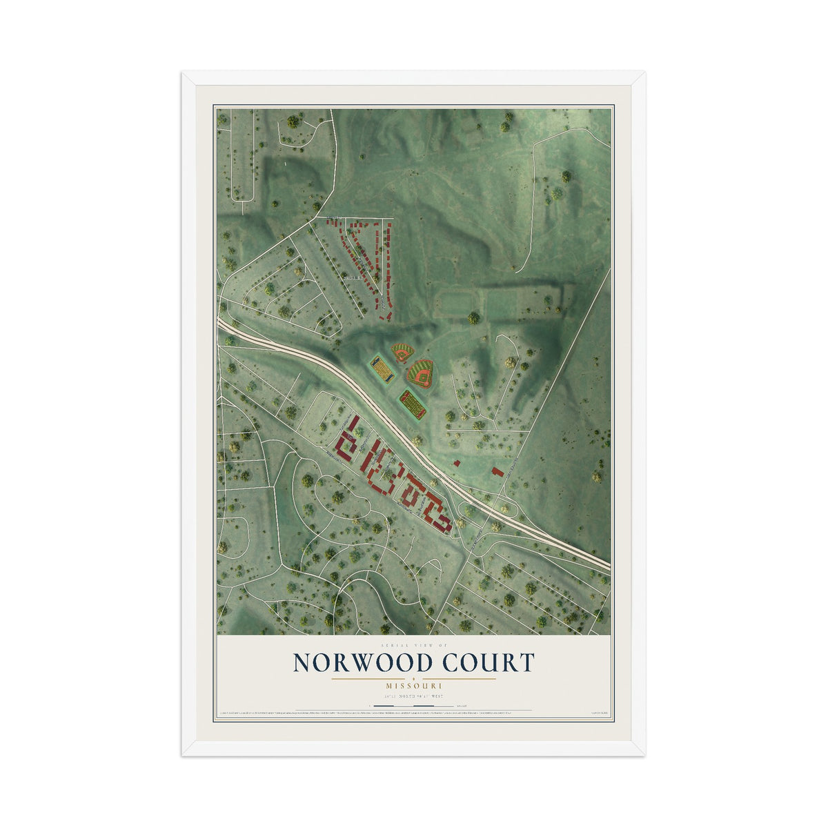 Map of Norwood Court, Missouri, 12 x 18 inch print in a white wood frame