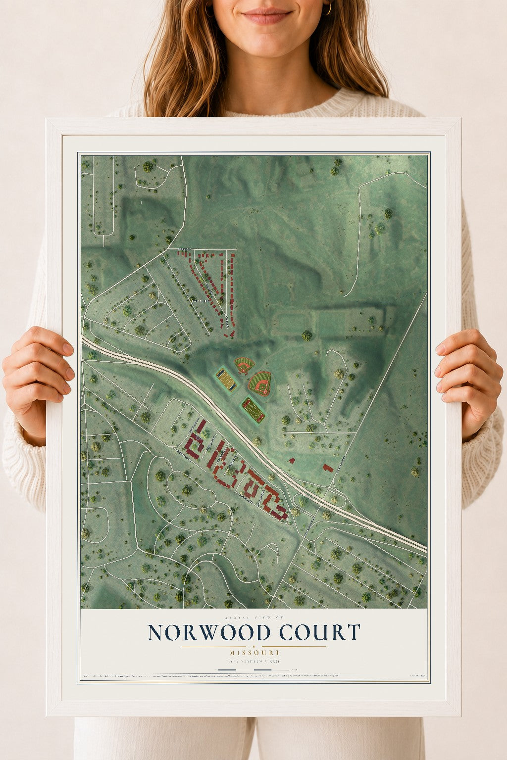 Map of Norwood Court, Missouri, 18 x 24 inch print in a white wood frame