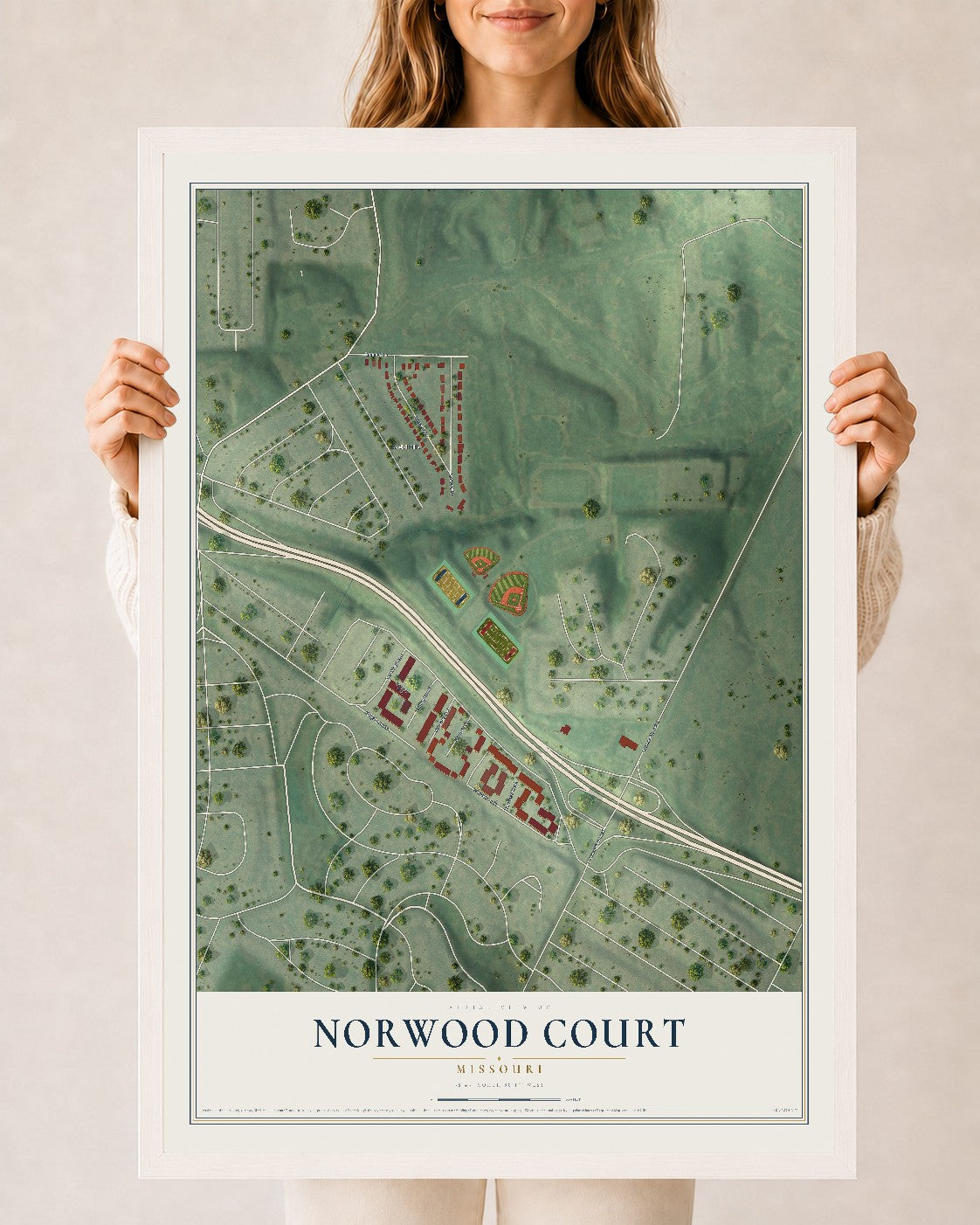 Map of Norwood Court, Missouri, 24 x 36 inch print in a white wood frame