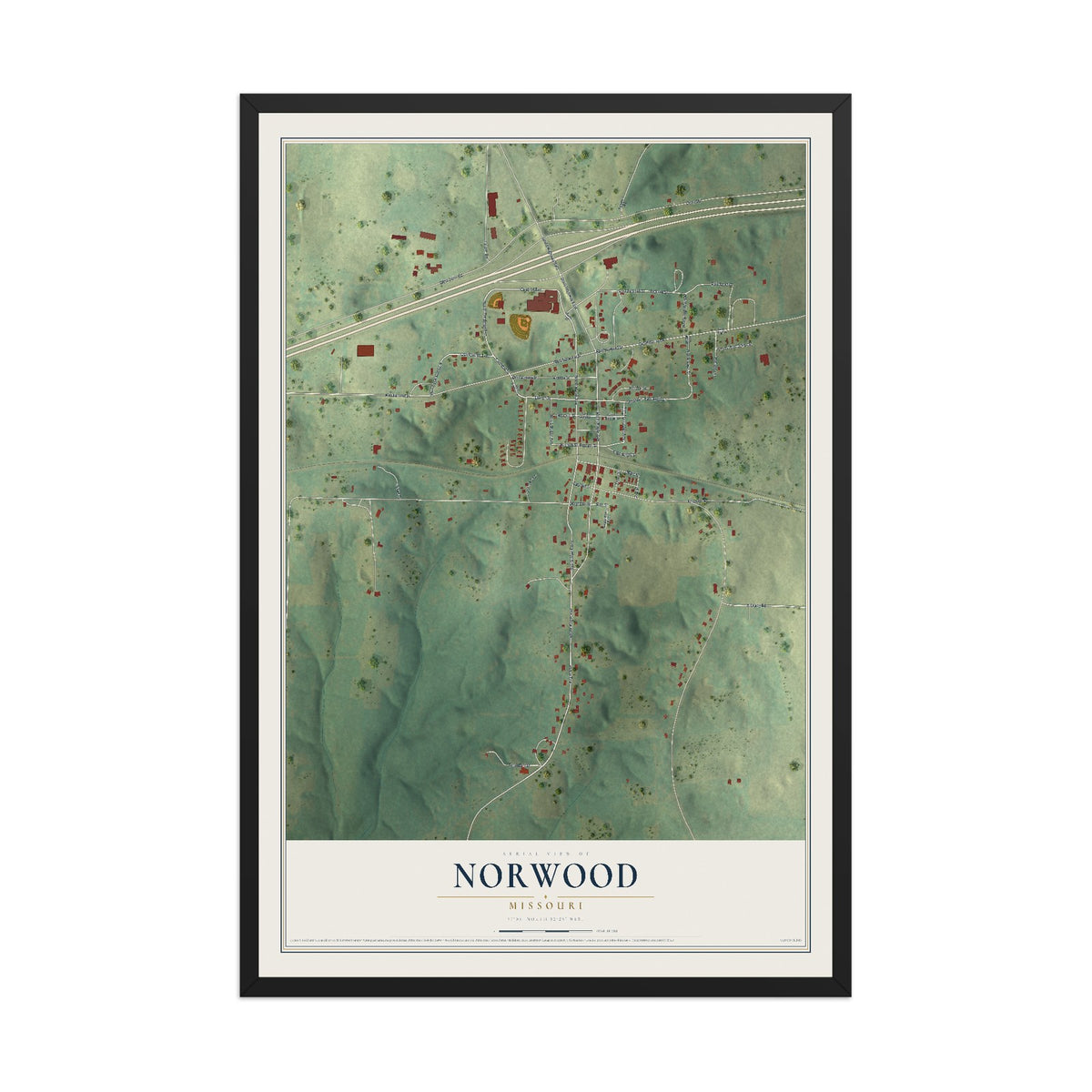 Map of Norwood, Missouri, 12 x 18 inch print in a black wood frame