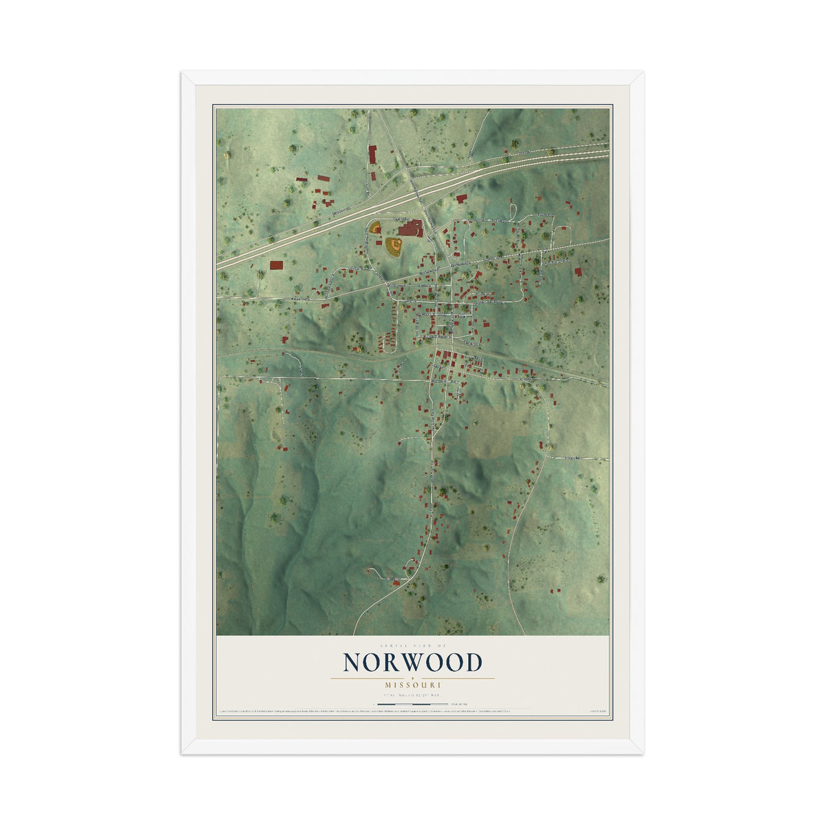 Map of Norwood, Missouri, 12 x 18 inch print in a white wood frame
