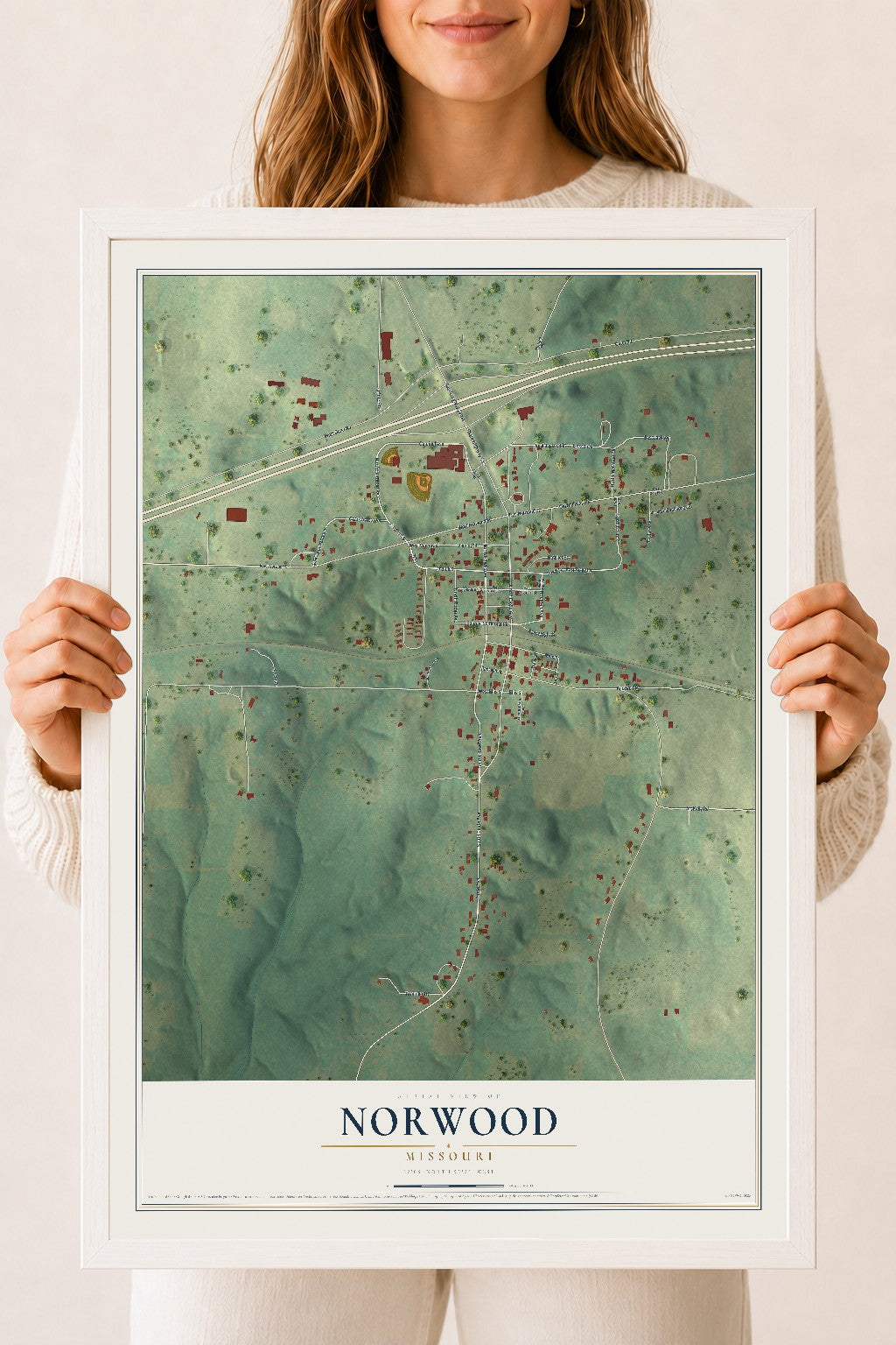 Map of Norwood, Missouri, 18 x 24 inch print in a white wood frame