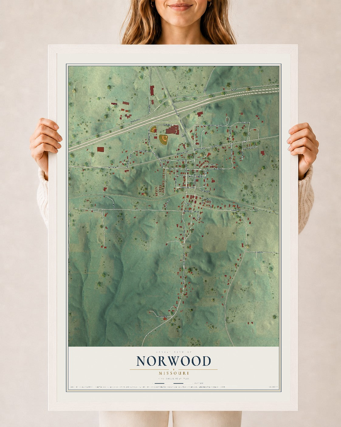 Map of Norwood, Missouri, 24 x 36 inch print in a white wood frame