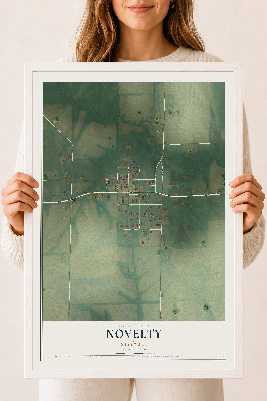 Map of Novelty, Missouri, 18 x 24 inch print in a white wood frame