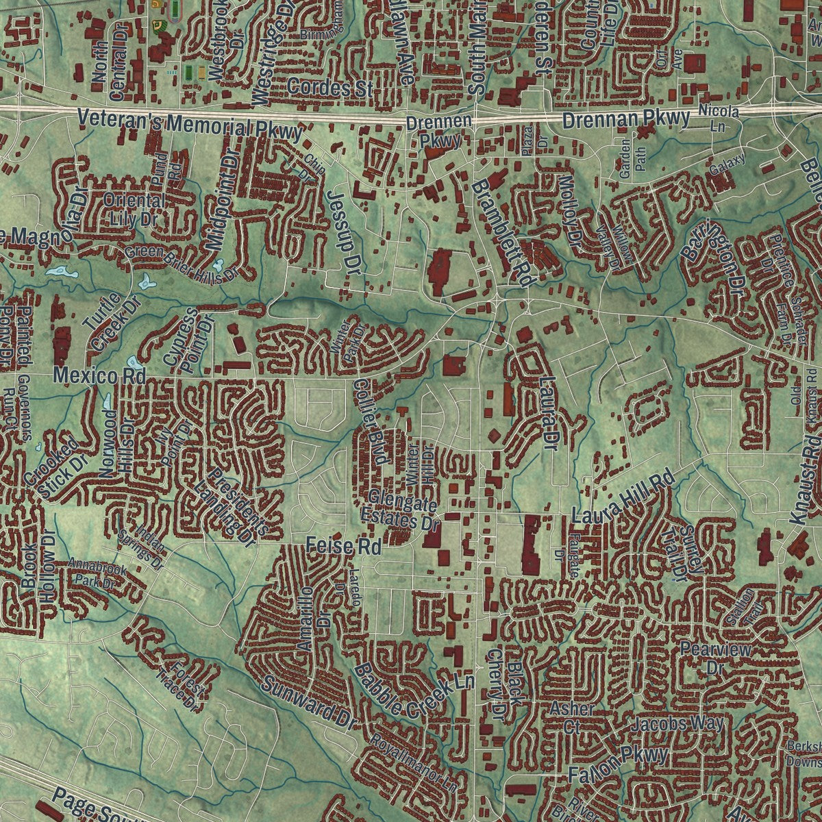 Close-up of the map of O'Fallon, Missouri print showing street and building detail