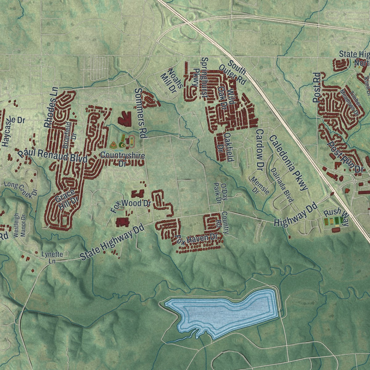 Second close-up of the map of O'Fallon, Missouri print showing more streets and buildings