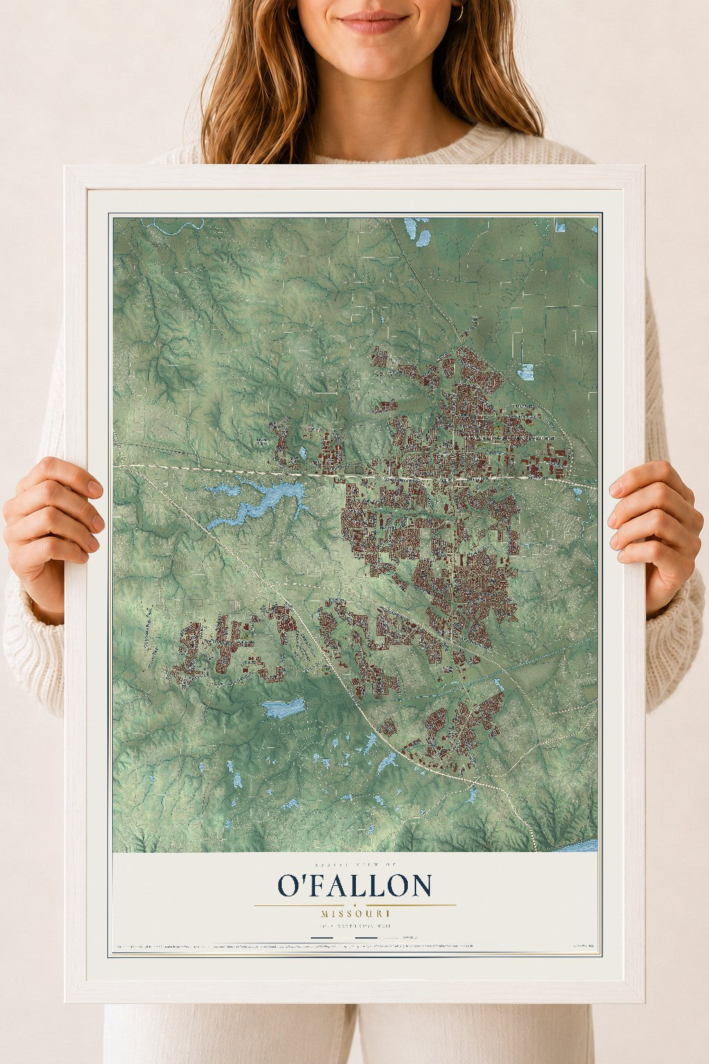 Map of O'Fallon, Missouri, 18 x 24 inch print in a white wood frame