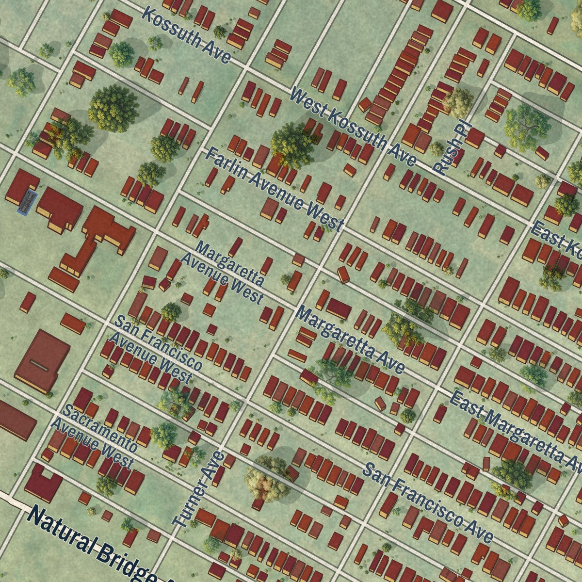 Close-up of the map of O'Fallon, St. Louis, Missouri print showing street and building detail
