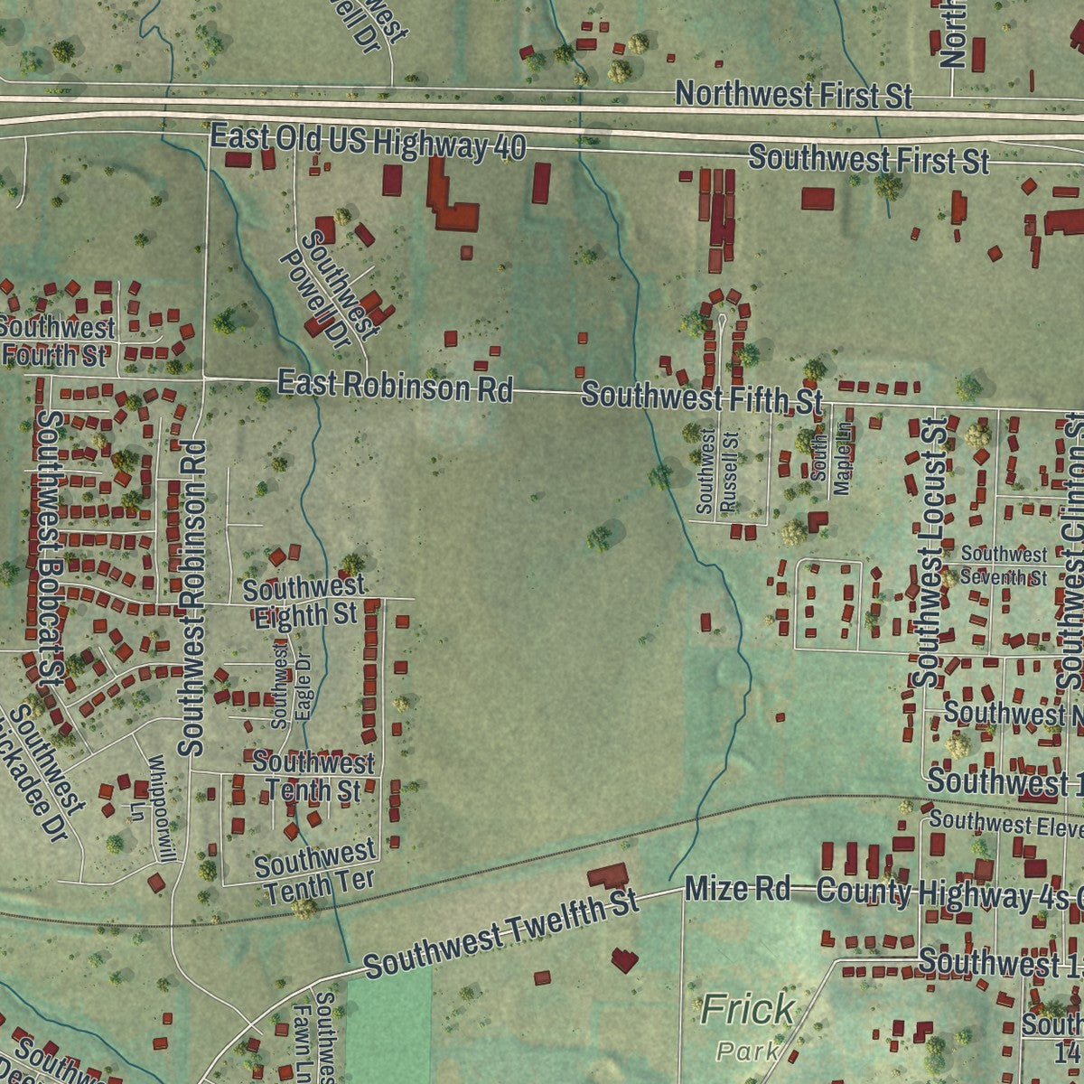 Second close-up of the map of Oak Grove, Missouri print showing more streets and buildings
