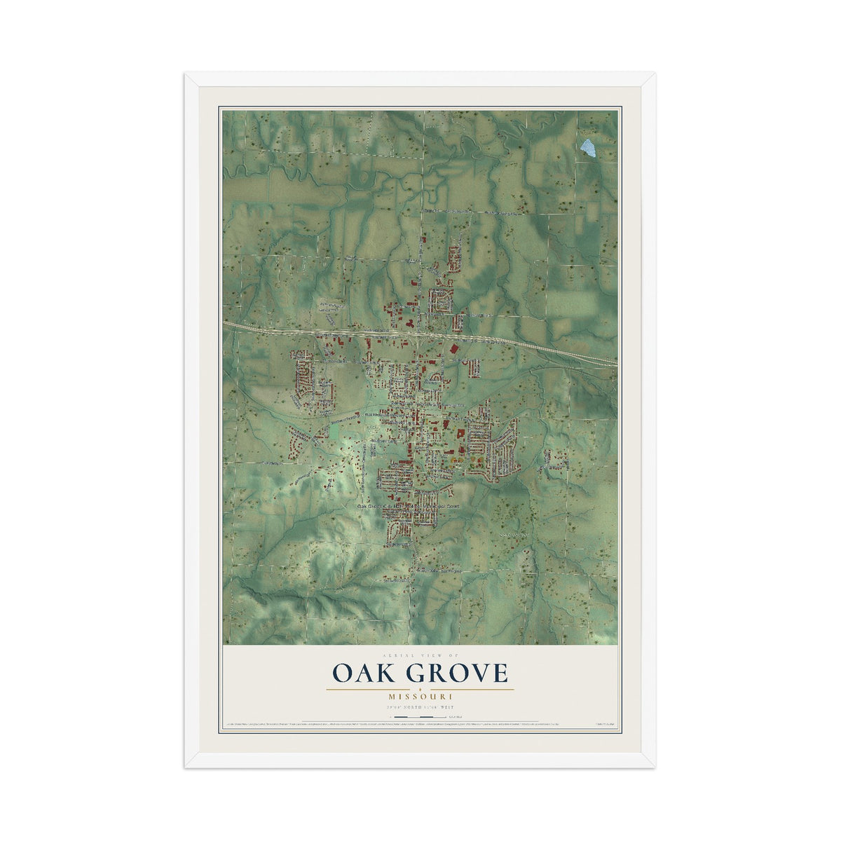 Map of Oak Grove, Missouri, 12 x 18 inch print in a white wood frame