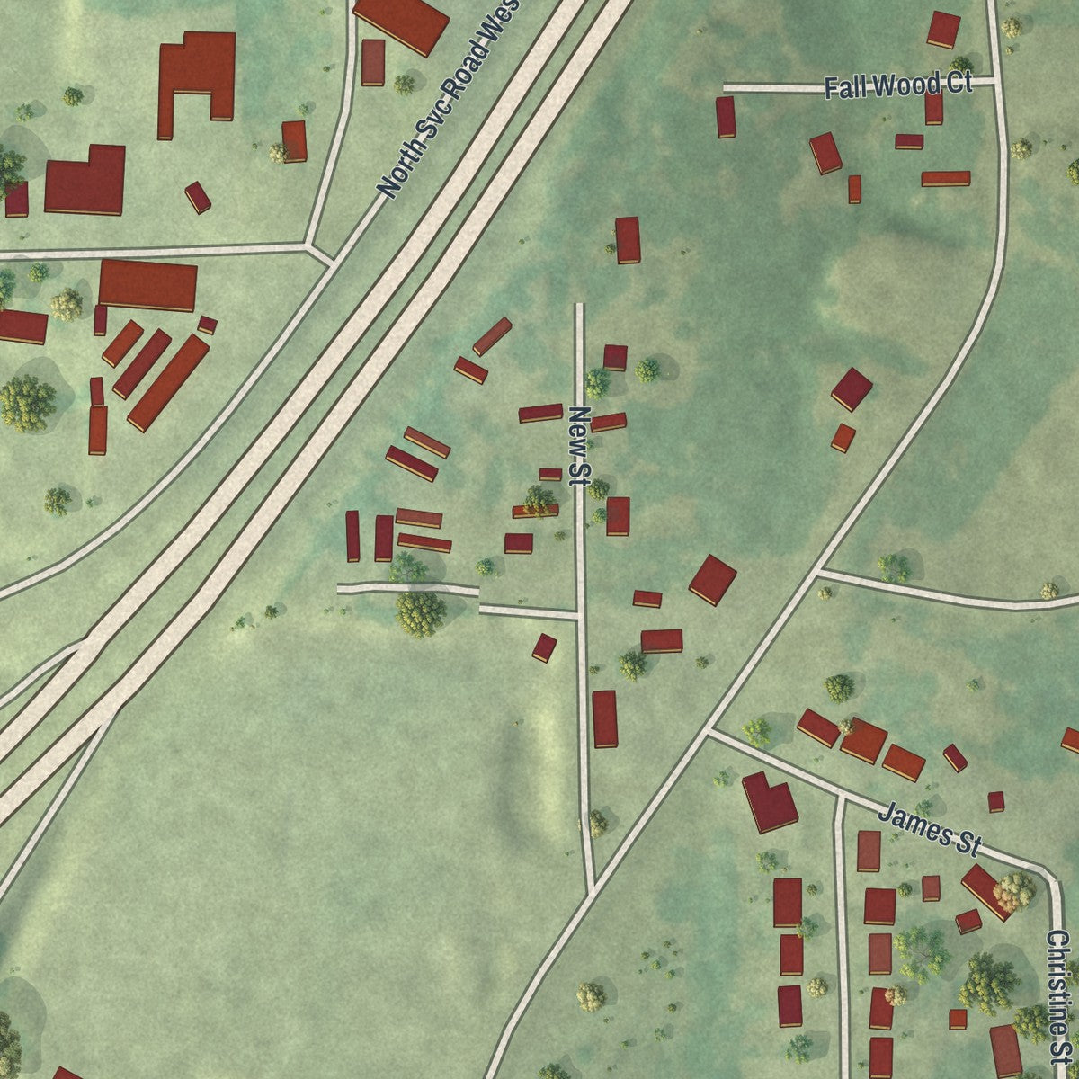 Close-up of the map of Oak Grove Village, Missouri print showing street and building detail