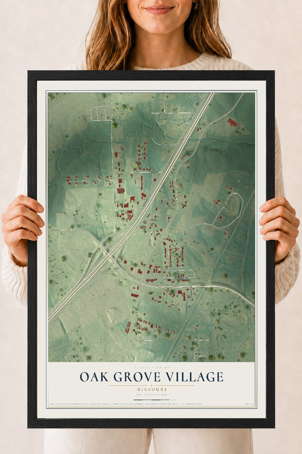 Map of Oak Grove Village, Missouri, 18 x 24 inch print in a black wood frame