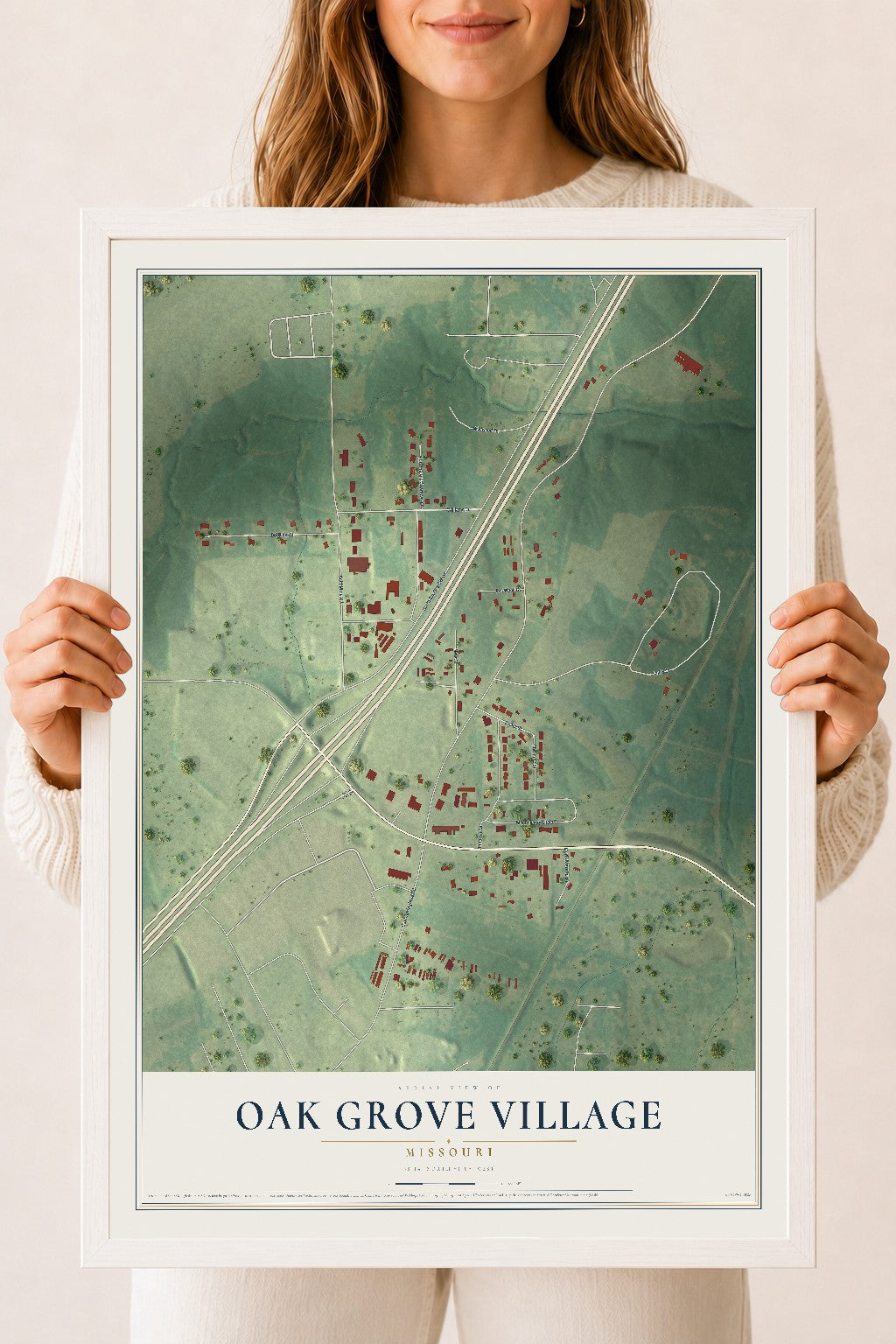 Map of Oak Grove Village, Missouri, 18 x 24 inch print in a white wood frame