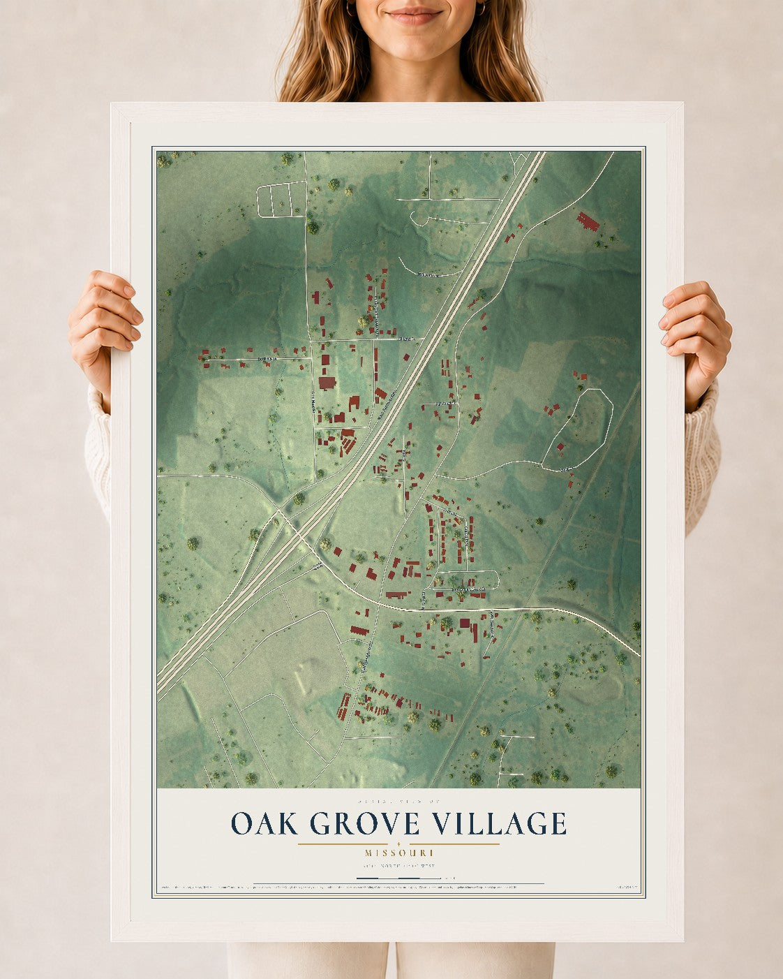 Map of Oak Grove Village, Missouri, 24 x 36 inch print in a white wood frame