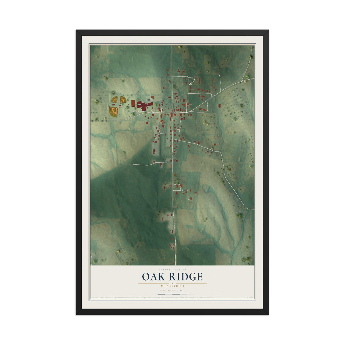 Map of Oak Ridge, Missouri, 12 x 18 inch print in a black wood frame