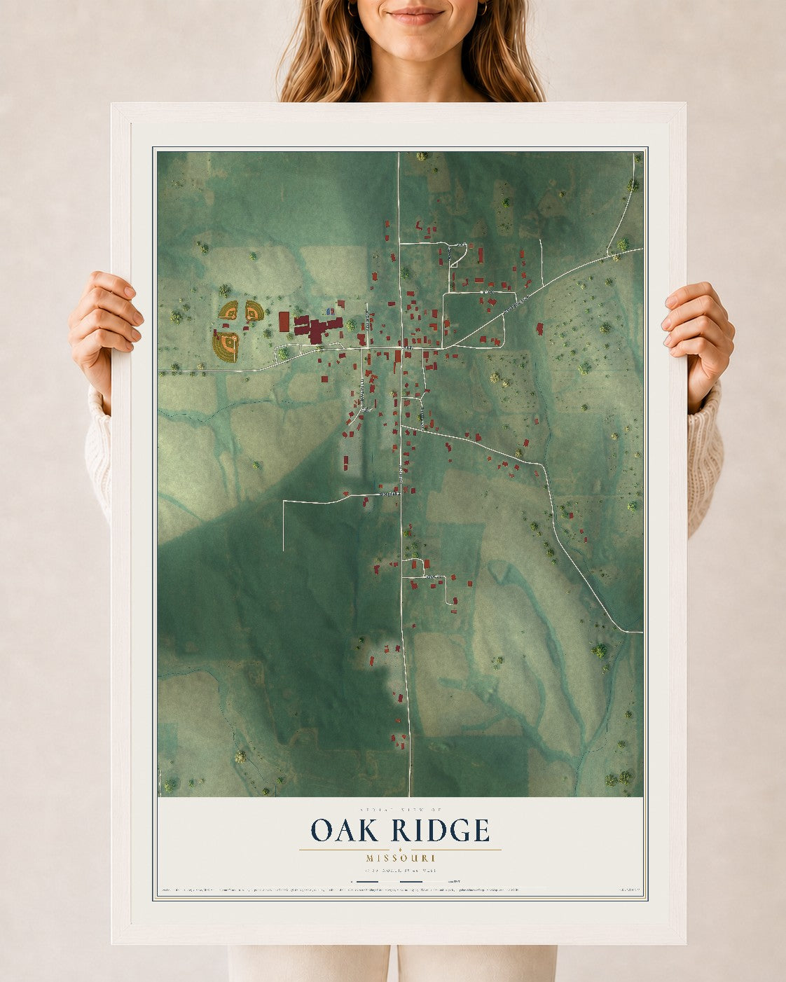 Map of Oak Ridge, Missouri, 24 x 36 inch print in a white wood frame