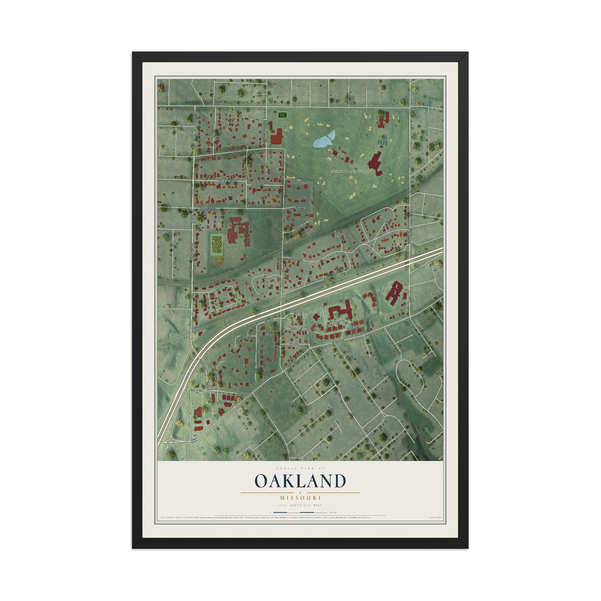 Map of Oakland, Missouri, 12 x 18 inch print in a black wood frame