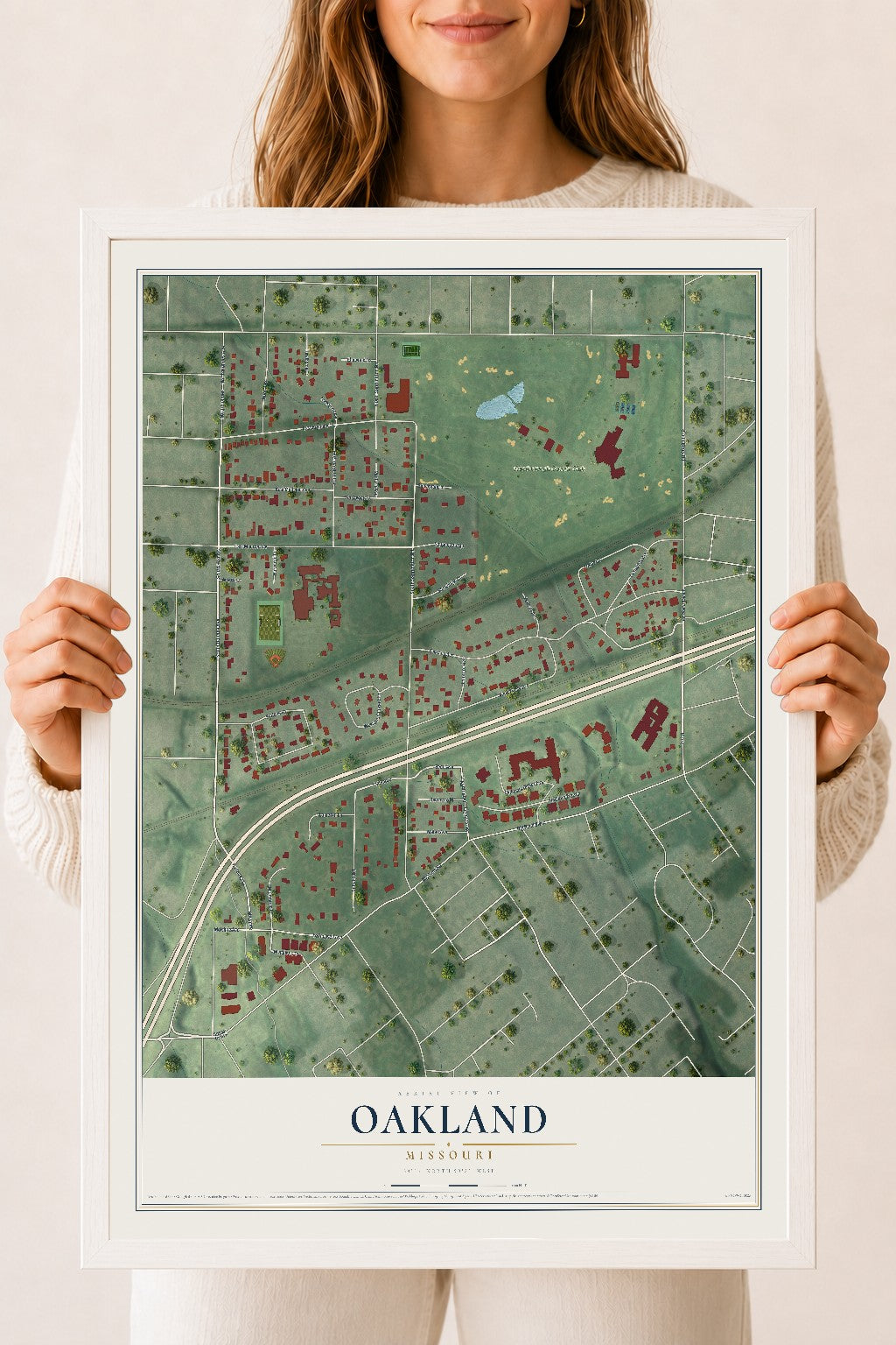 Map of Oakland, Missouri, 18 x 24 inch print in a white wood frame