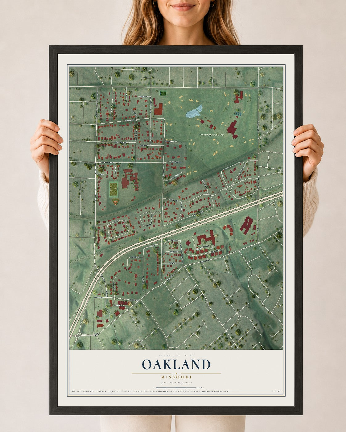 Map of Oakland, Missouri, 24 x 36 inch print in a black wood frame