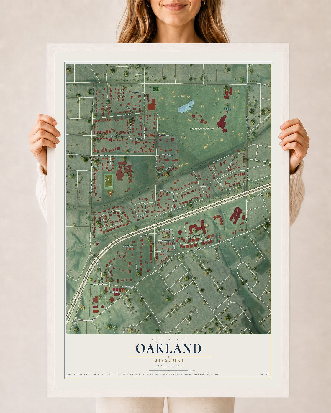 Map of Oakland, Missouri, 24 x 36 inch print in a white wood frame