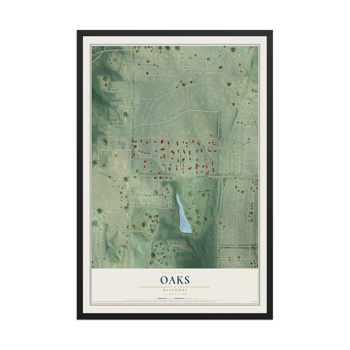 Map of Oaks, Missouri, 12 x 18 inch print in a black wood frame