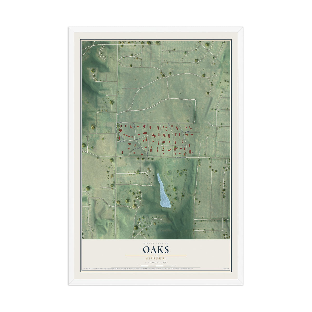 Map of Oaks, Missouri, 12 x 18 inch print in a white wood frame