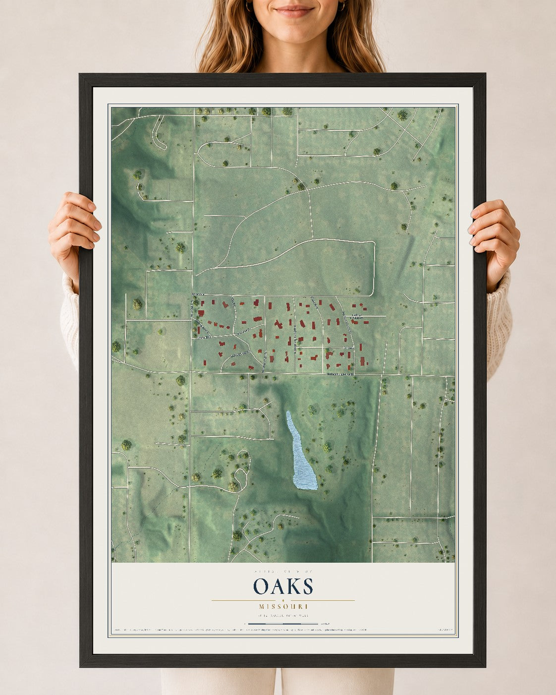 Map of Oaks, Missouri, 24 x 36 inch print in a black wood frame