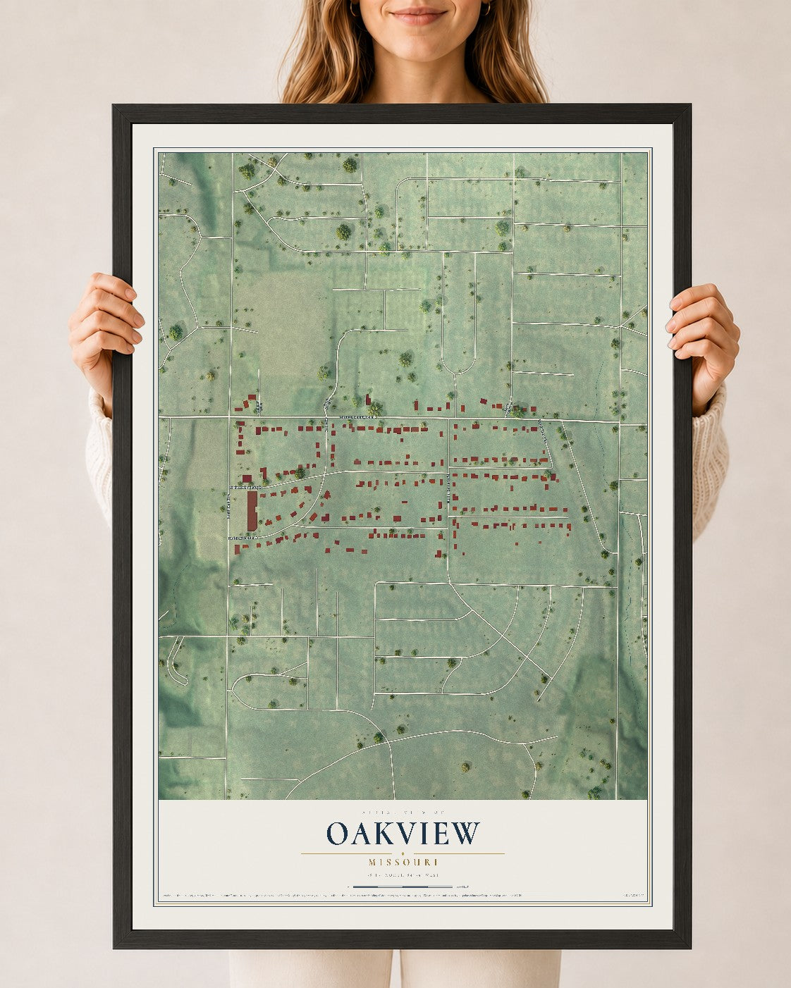Map of Oakview, Missouri, 24 x 36 inch print in a black wood frame