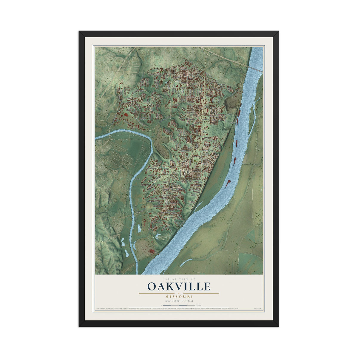 Map of Oakville, Missouri, 12 x 18 inch print in a black wood frame