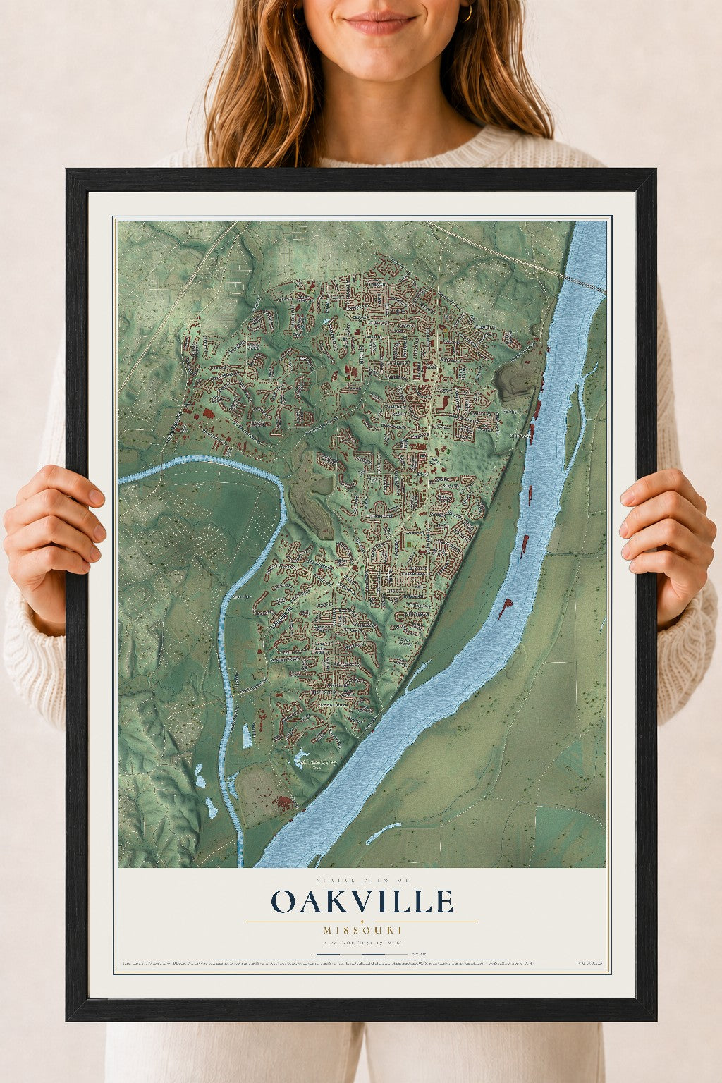 Map of Oakville, Missouri, 18 x 24 inch print in a black wood frame