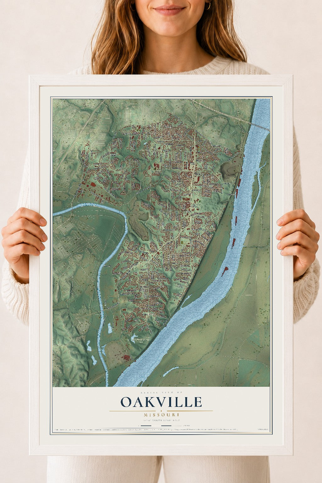 Map of Oakville, Missouri, 18 x 24 inch print in a white wood frame