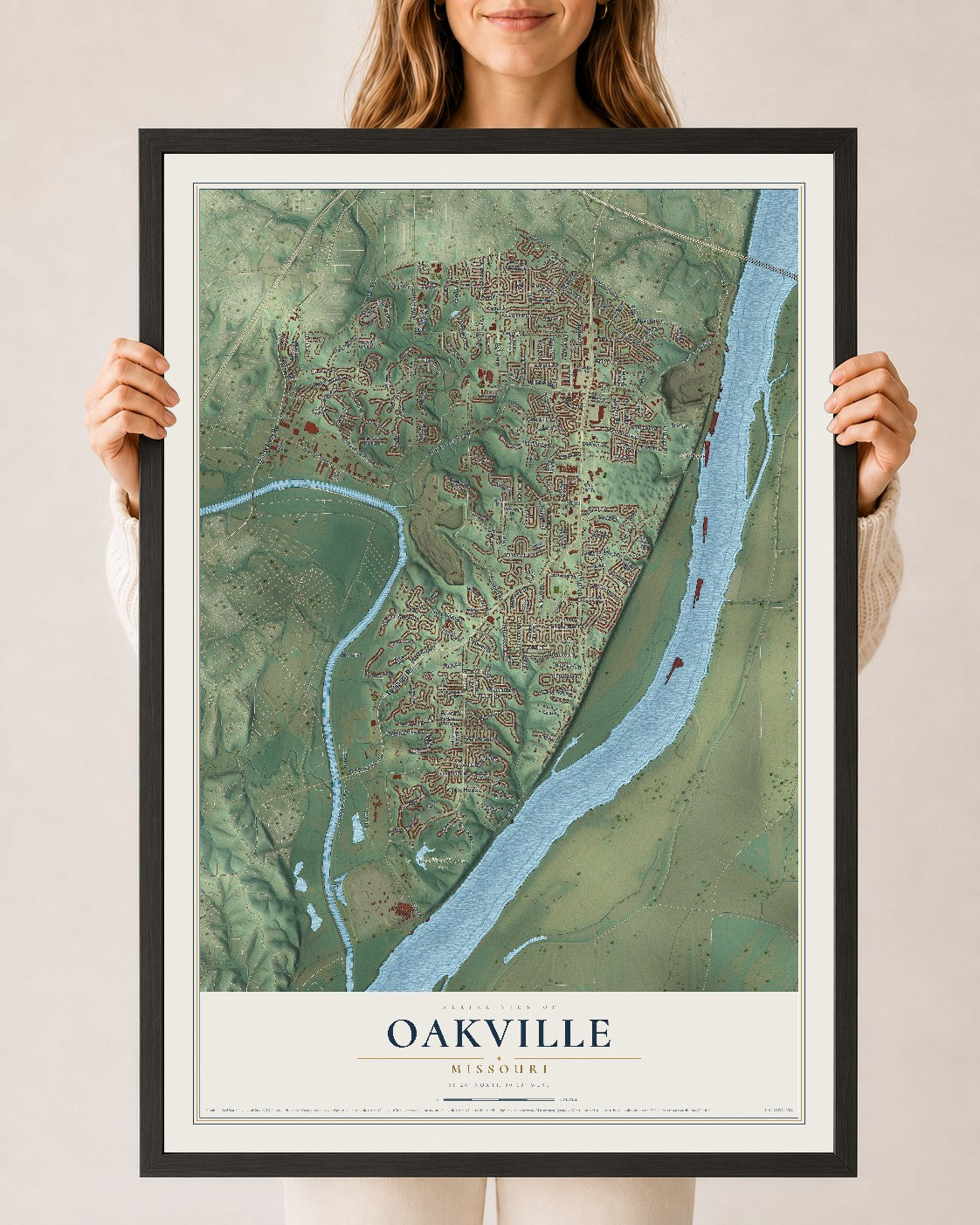 Map of Oakville, Missouri, 24 x 36 inch print in a black wood frame