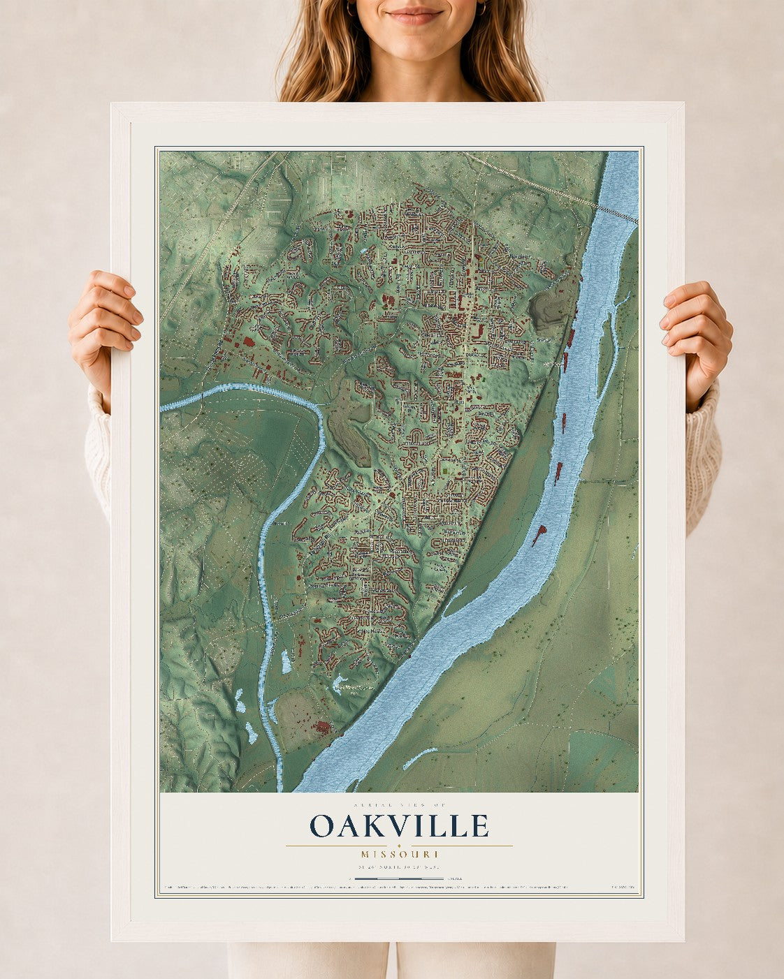 Map of Oakville, Missouri, 24 x 36 inch print in a white wood frame