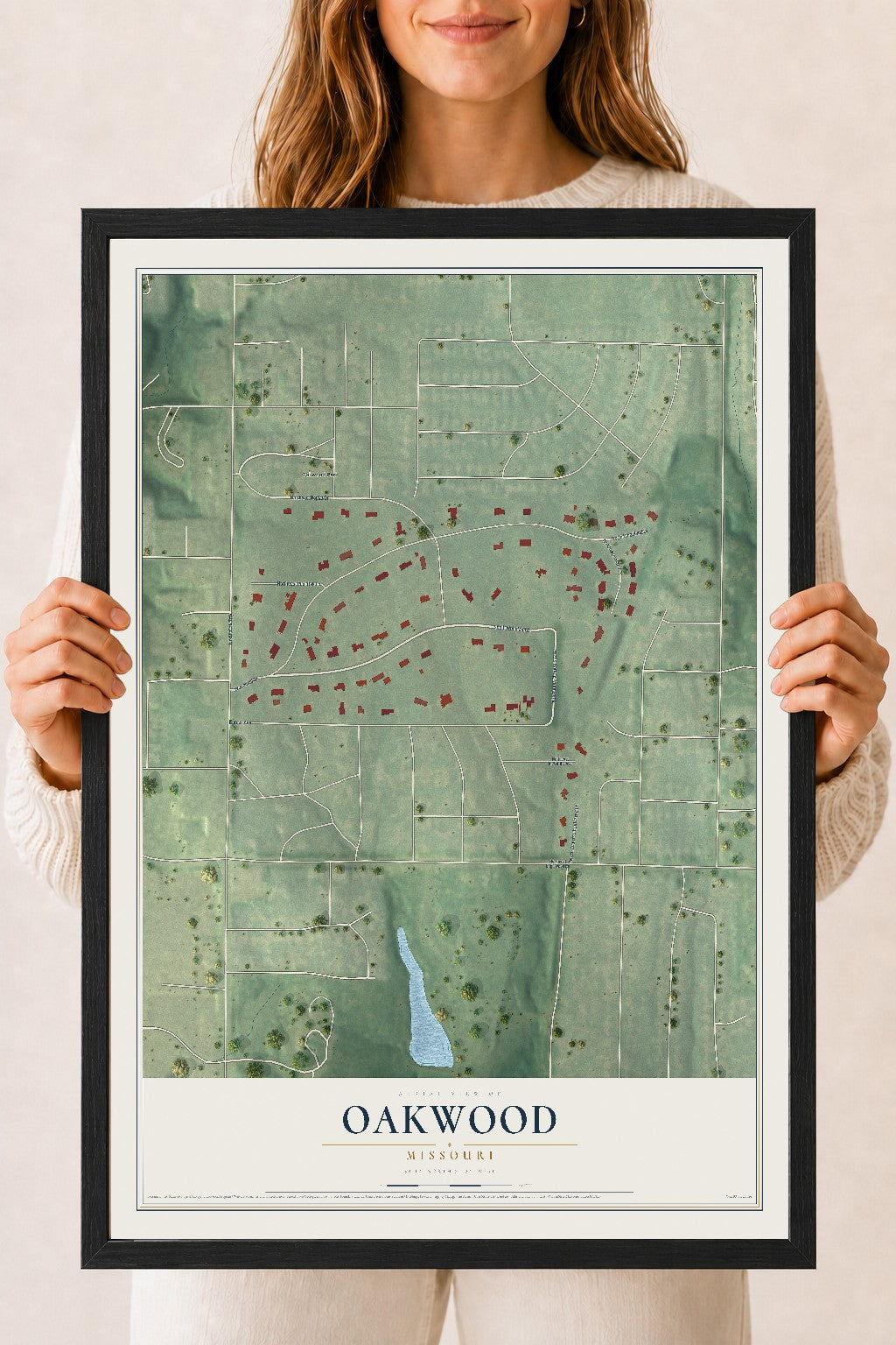 Map of Oakwood, Missouri, 18 x 24 inch print in a black wood frame