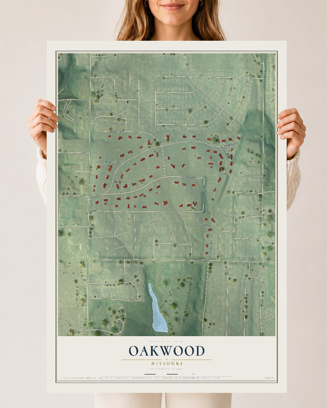Map of Oakwood, Missouri, 24 x 36 inch unframed archival matte print