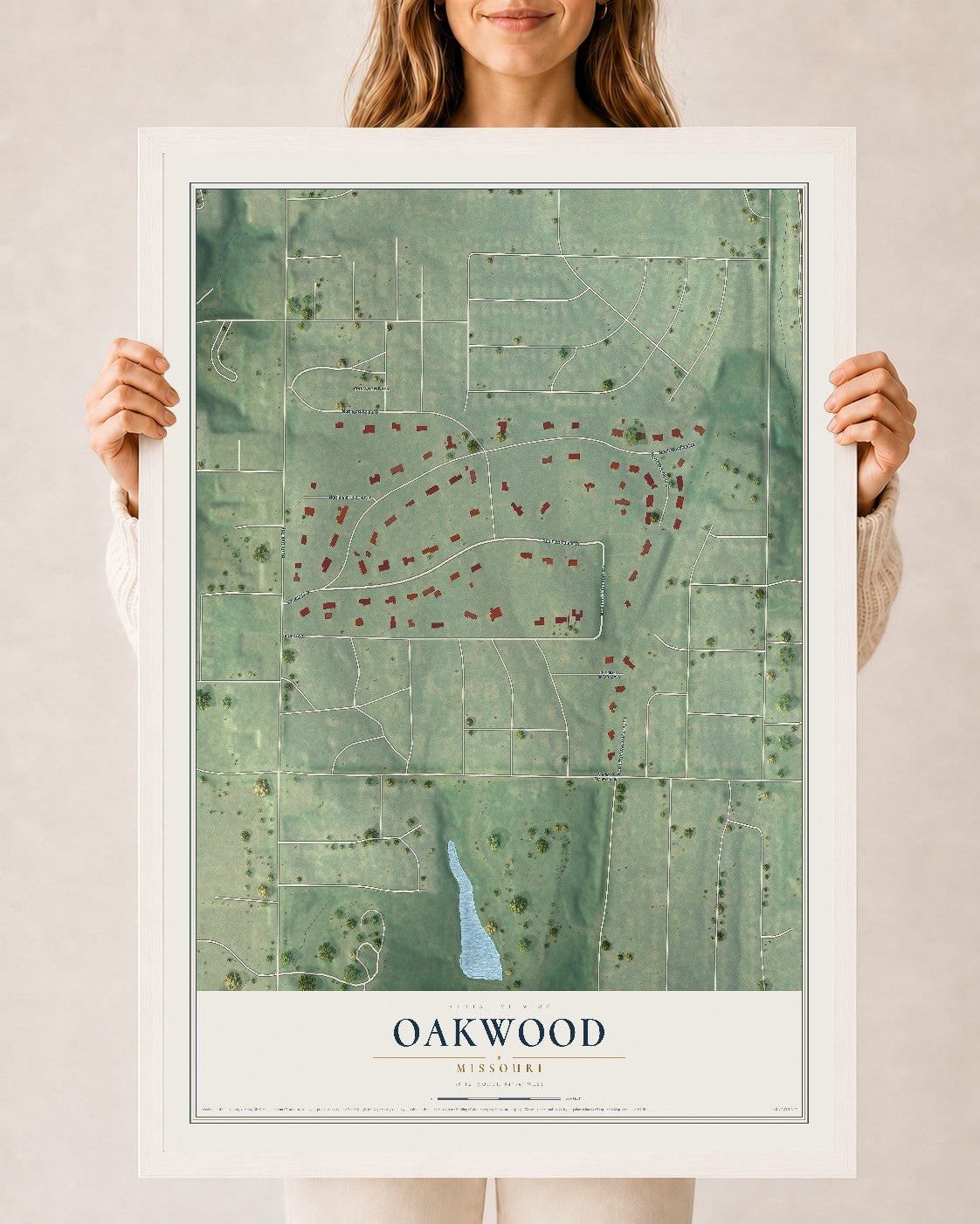 Map of Oakwood, Missouri, 24 x 36 inch print in a white wood frame