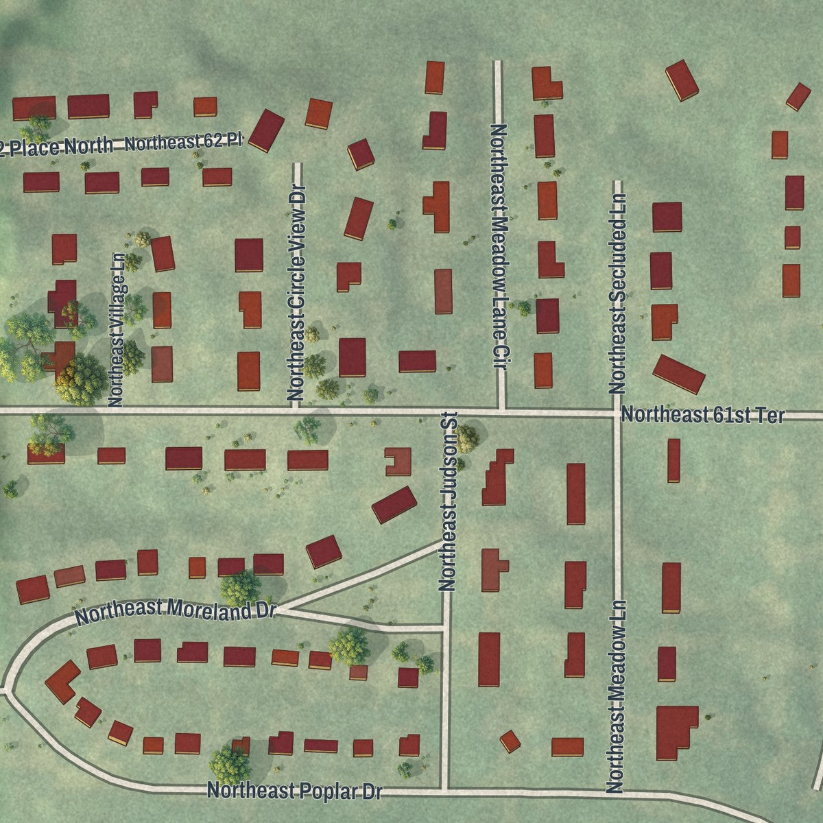 Close-up of the map of Oakwood Park, Missouri print showing street and building detail