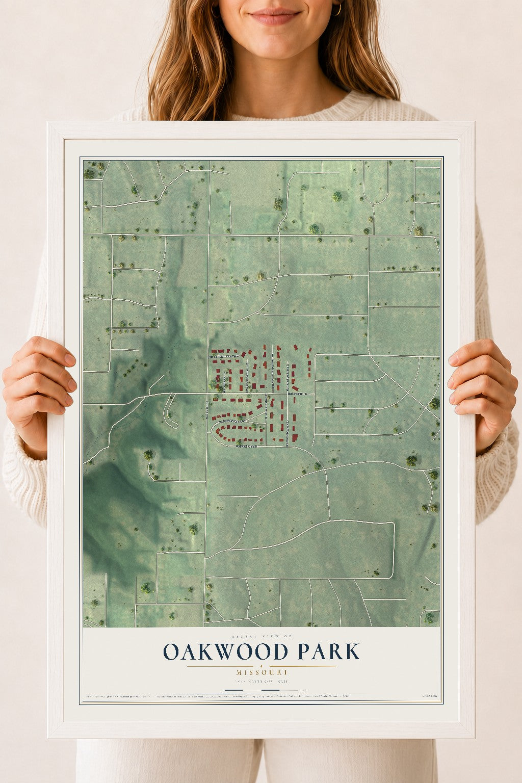 Map of Oakwood Park, Missouri, 18 x 24 inch print in a white wood frame
