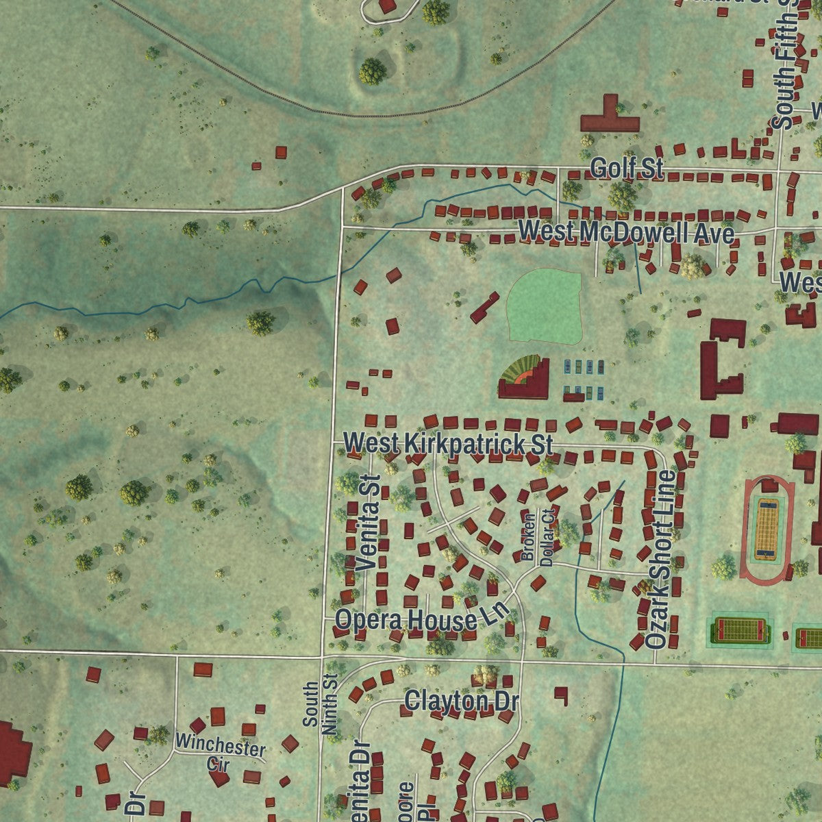 Second close-up of the map of Odessa, Missouri print showing more streets and buildings