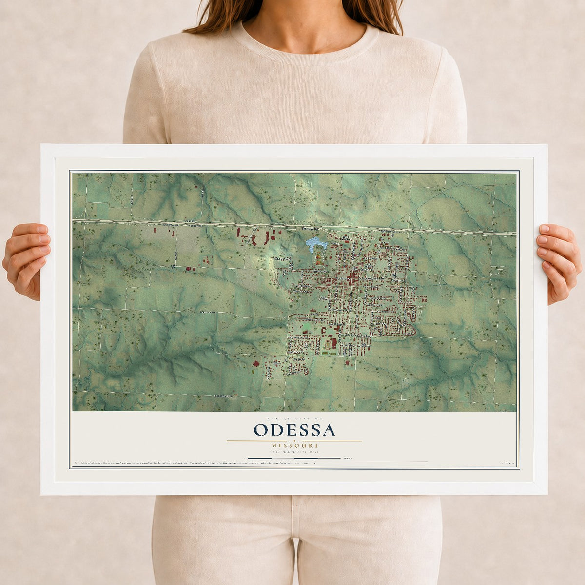 Map of Odessa, Missouri, 12 x 18 inch print in a white wood frame