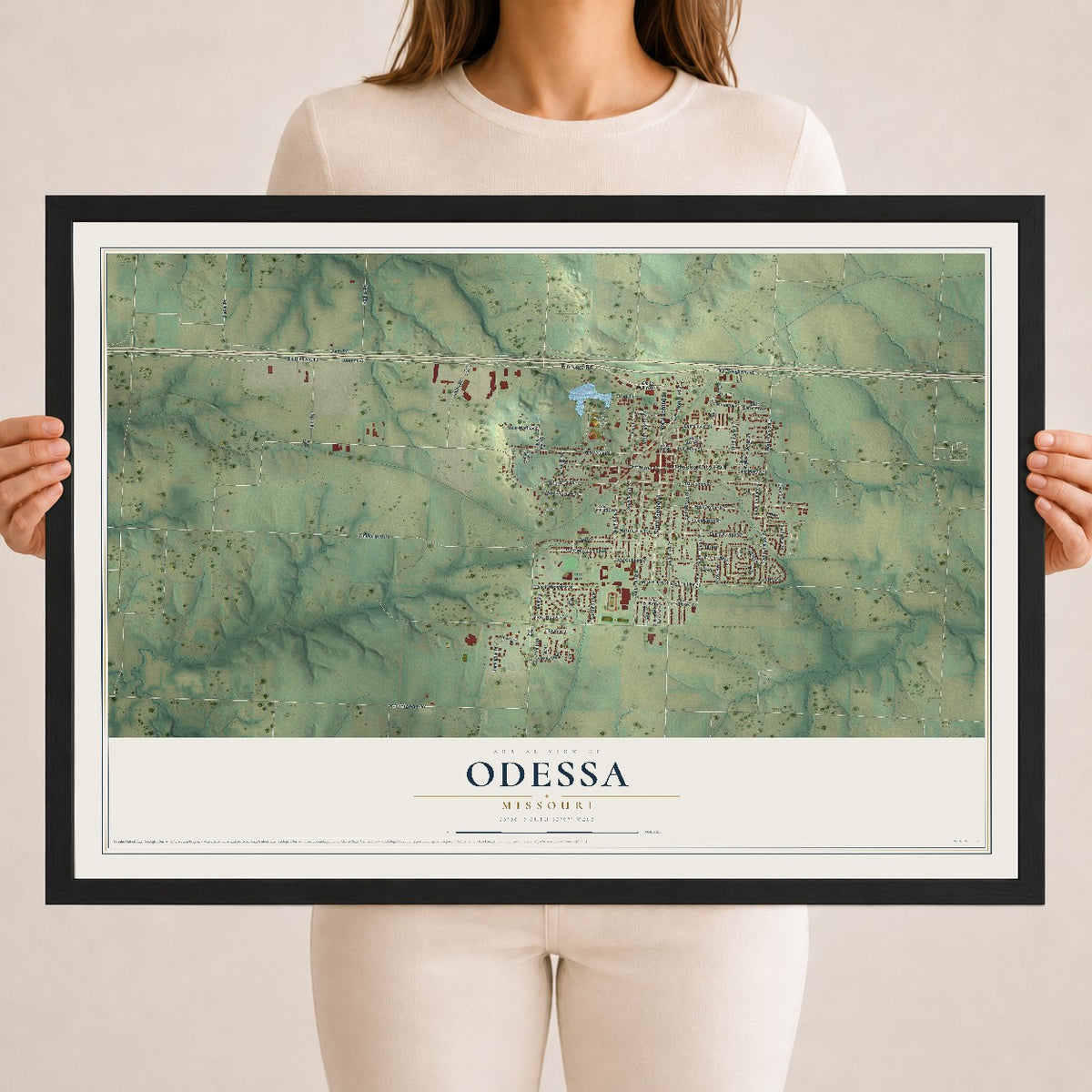 Map of Odessa, Missouri, 18 x 24 inch print in a black wood frame