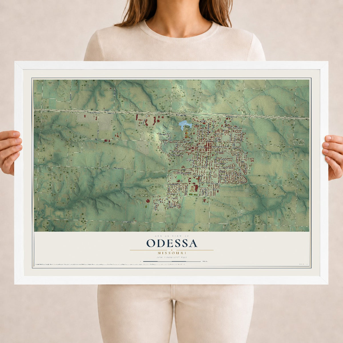 Map of Odessa, Missouri, 18 x 24 inch print in a white wood frame